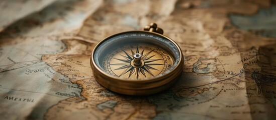 An antique compass rests atop a vintage map, the needle pointing north, symbolizing exploration and navigation.