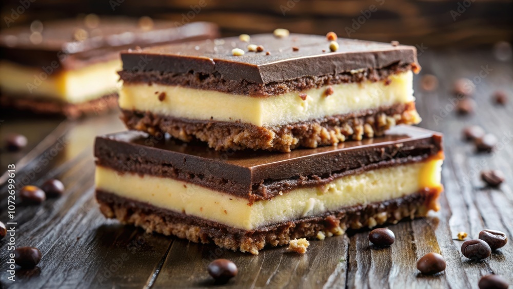 Poster chocolate and vanilla layered dessert with coffee beans on rustic wooden background