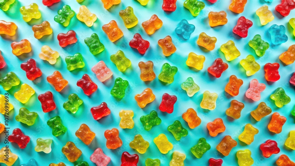 Poster A colorful and playful pattern of gummy bear candies arranged in a repeating design on a vibrant blue background.