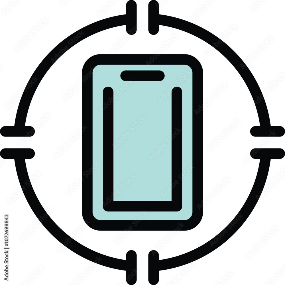 Poster icon of a smartphone surrounded by a circle with four lines pointing at it representing the concept 