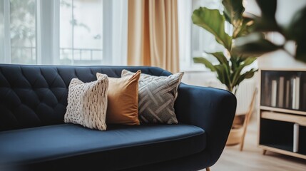Fototapeta premium Stylish living room with decorative pillows on a modern couch and greenery.