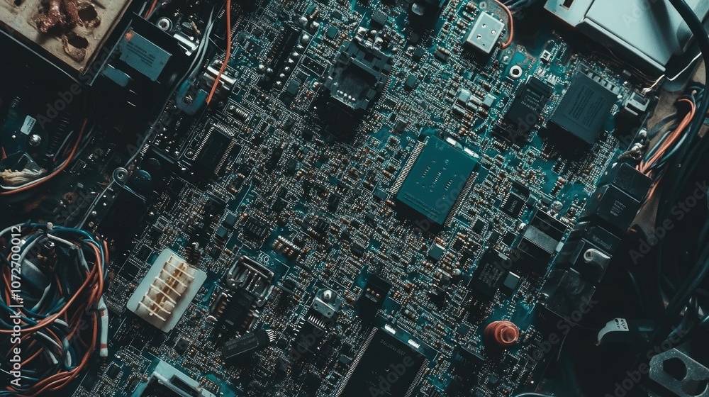 Poster detailed close-up of a complex electronic circuit board with various components, wires, and connecto