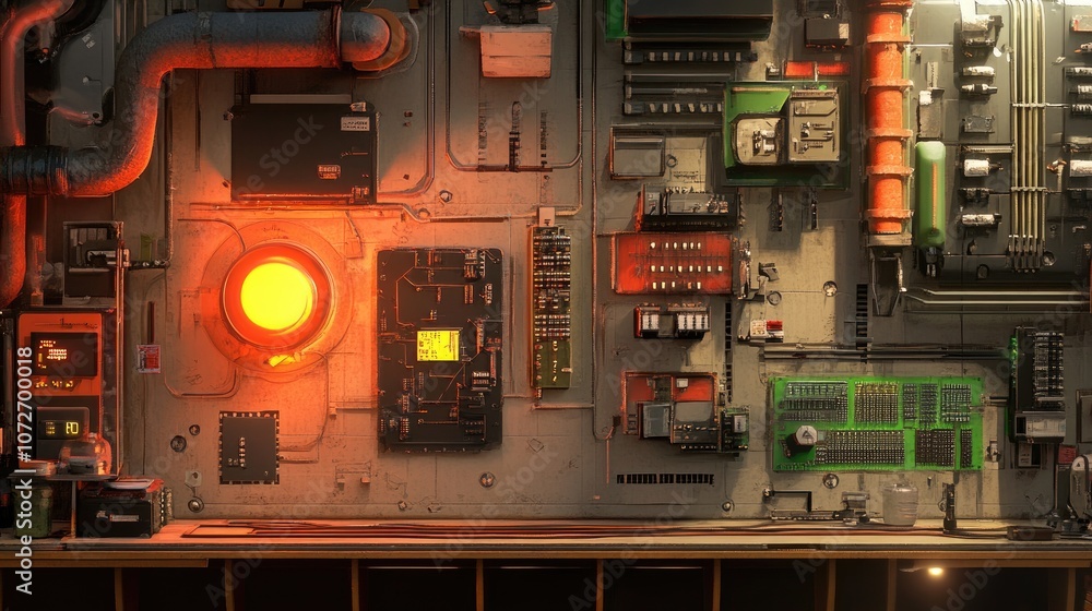 Poster futuristic control panel with glowing elements and complex machinery displayed on a metallic surface