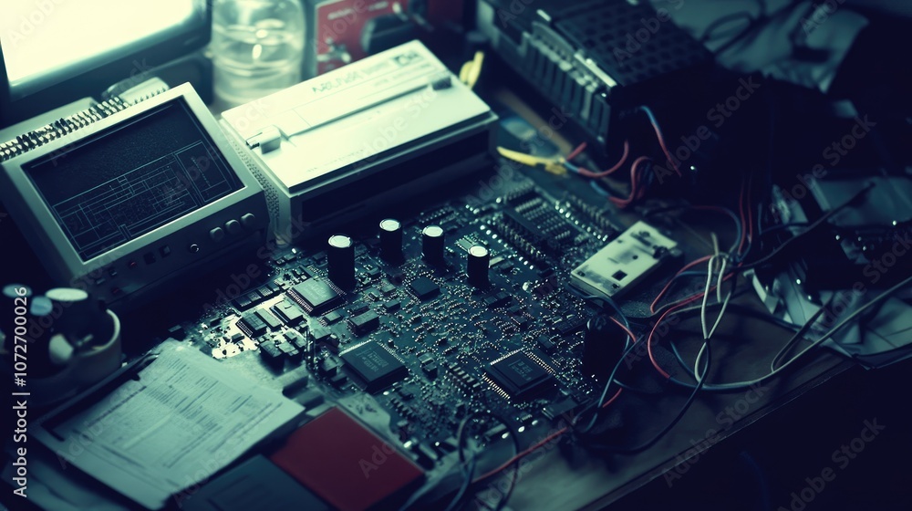 Poster detailed view of an electronic workbench with circuit board, tools, computer monitor, and various el