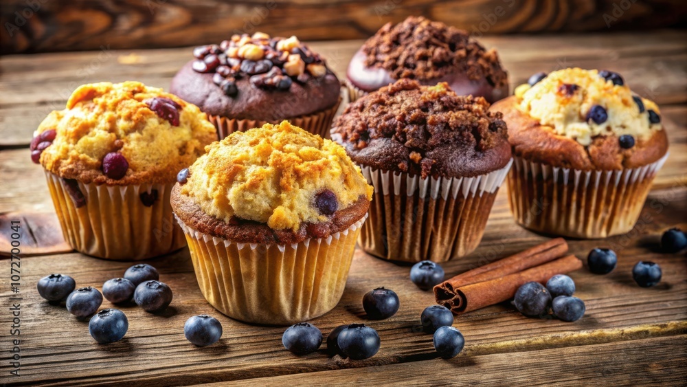 Poster a rustic wooden table showcasing a delightful assortment of muffins, each with a distinct flavor and