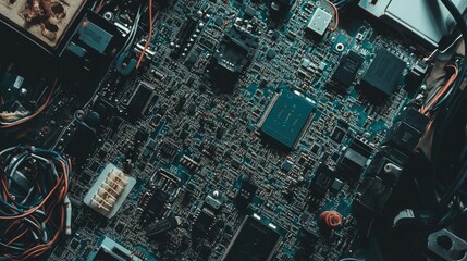 Detailed Close-Up of a Complex Electronic Circuit Board with Various Components, Wires, and Connectors in a Stunning High-Resolution Format