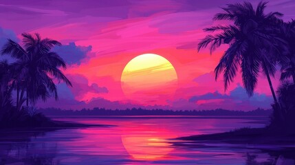 Naklejka premium Sunset Over Tropical Lagoon with Palm Trees and Pink Sky