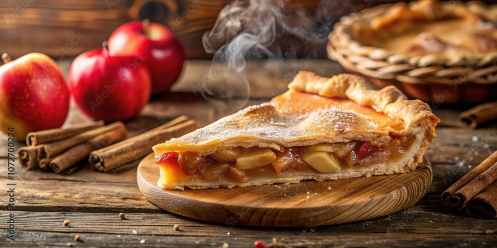 Poster A Slice of Warm Apple Pie with Cinnamon Sticks and Apples on a Rustic Wooden Table