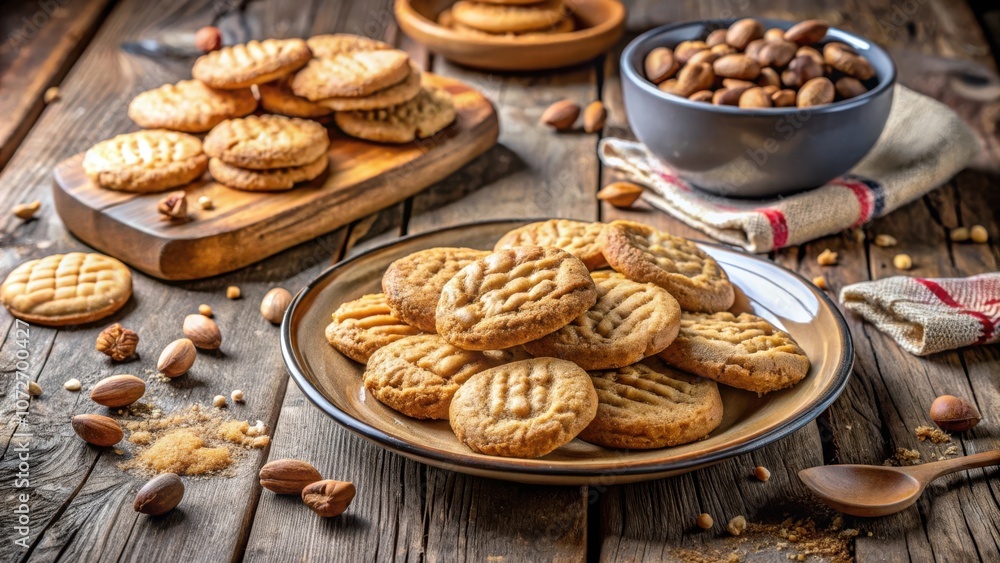 Aufkleber a rustic wooden table setting with a stack of freshly baked cookies and scattered nuts, a bowl of nu