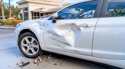 The deep scratch on the white cars door appears to have been caused by a sharp object, leaving behind a jagged and irregular groove in the paint