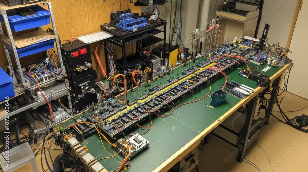 Aufkleber a complex lab setup featuring advanced electronic circuitry, components, and connections on a workbe