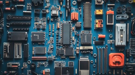 Close-Up View of Colorful Electronic Circuit Board with Various Components and Devices Arranged Neatly on a Blue Background, Ideal for Technology and Engineering Themes