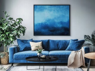 A serene living room featuring a blue couch, plant, and abstract wall art.