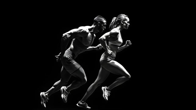 Illustrate a dynamic composition of an athletic woman and man, both in motion, with their torsos captured mid-exercise. The dramatic black background enhances their muscular definition, creating an