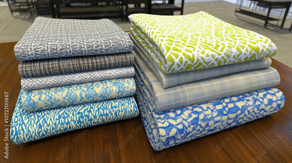 Aufkleber a colorful collection of stacked textiles showcasing various patterns and textures in a bright moder