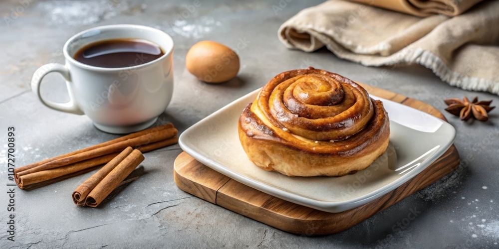 Wall mural A Delicious Cinnamon Roll on a White Plate with a Cup of Coffee and Cinnamon Sticks