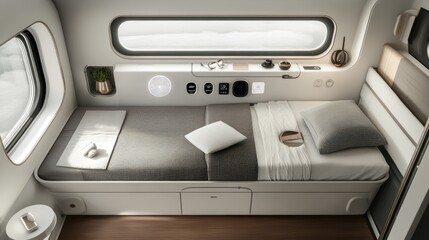 Obraz premium Modern minimalist bedroom design featuring a single bed, sleek furnishings, bright natural light, and a focus on comfort and functionality in a compact space.