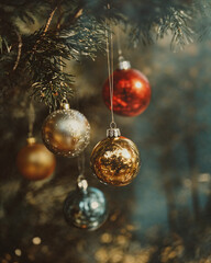 Beautifully arranged Christmas ornaments on evergreen branches, heritage-inspired decor