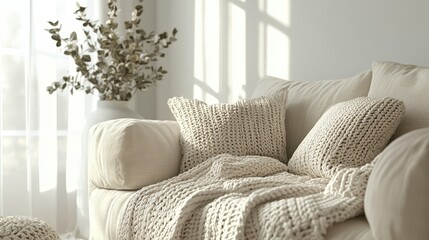 Fototapeta premium Cozy living room scene with soft pillows, blanket, and beautiful floral arrangement.