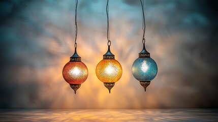 These ornate Arabic style hanging lamps feature intricate metalwork designs and colorful glass panels