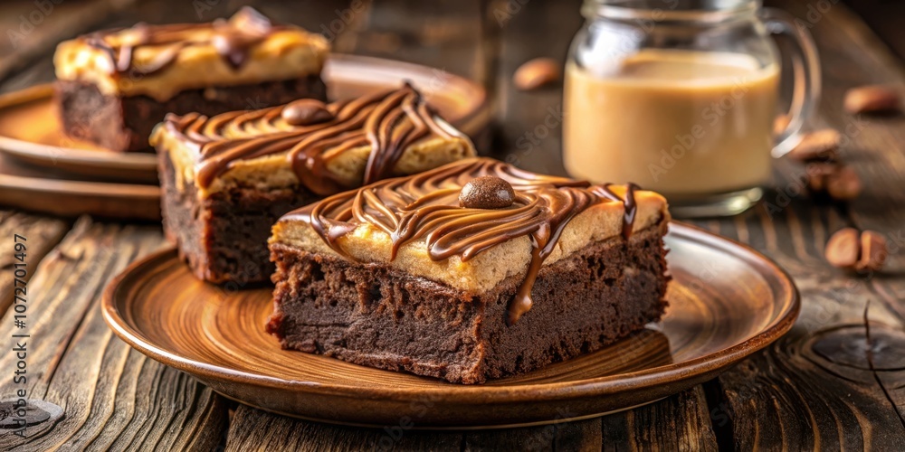 Poster decadent chocolate brownies with swirls of caramel and topped with chocolate candies on rustic woode