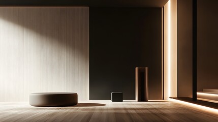 Create a mock-up with a light and dark wall exhibiting captivating chiaroscuro lighting, along with a rich wooden floor that adds warmth. The minimalist aesthetic should provide ample space for