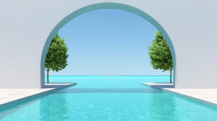 Infinity Pool View Through Archway with Ocean and Trees
