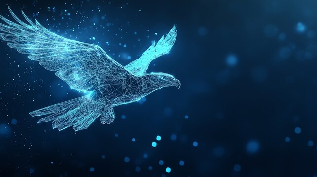 Seahawk in Abstract Low Poly Wireframe on Dark Blue Background with Glowing Particles and Copy Space &ndash; Futuristic Illustration for Modern Design Needs
