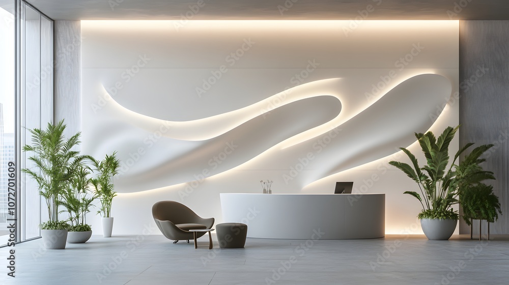 Poster Create a mock-up with a soft, light background featuring decorative white panels that seamlessly blend into the space. Subtle hidden lighting highlights the contours of the panels, creating an