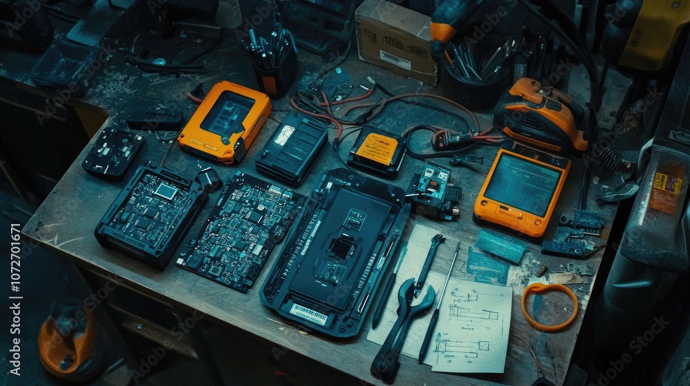 Aufkleber detailed view of disassembled electronics and tools on a workbench in a workshop setting, showcasing