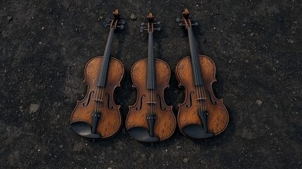 Naklejka premium Three Vintage Violins on Weathered Ground Rustic Music Instrument Trio