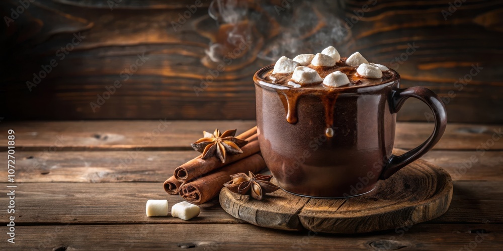 Poster steaming mug of hot chocolate topped with marshmallows and a cinnamon stick on rustic wooden surface