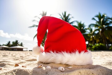 santa hat on the tropical beach.generative AI