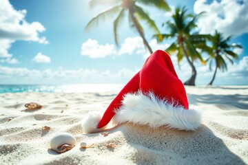 santa hat on the tropical beach.generative AI