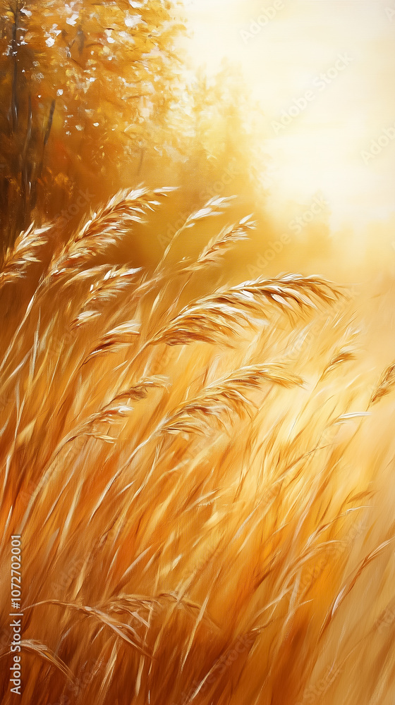 Poster a field of golden wheat sways softly in the warm sunlight, creating a tranquil atmosphere in a rural