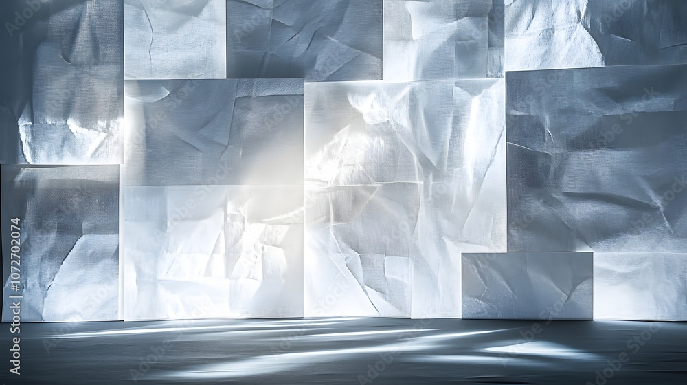 Aufkleber design a light background mock-up featuring textured white panels arranged artistically, illuminated