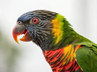 Fototapeta premium rainbow lorikeet parrot. bird, parrot, animal, lorikeet, beak, colorful, red, nature, rainbow, green, blue, tropical, feather, wildlife, color, wild, pet, yellow, isolated, orange, beautiful, branch, 