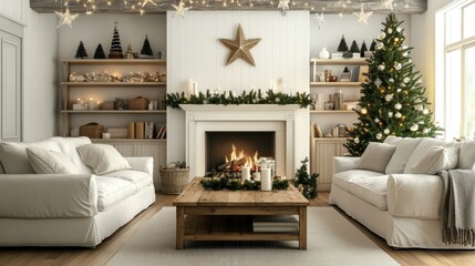 Cozy holiday living room with Christmas decorations and a warm fireplace ambiance.