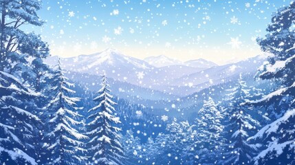 Obraz premium Serene Winter Landscape with Snow-Covered Pine Trees and Gentle Snowfall in Majestic Mountain Range under a Clear Blue Sky