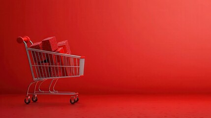 Shopping Cart Overflowing with Red Gifts on Red Background for Black Friday Sales