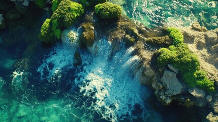 Obraz premium Serene Aerial View of Cascading Waterfall Splashed Over Rocky Outcrop Surrounded by Vibrant Green Vegetation and Crystal Clear Ocean Waters