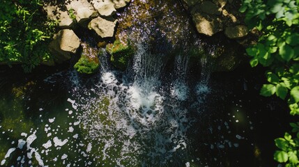 Naklejka premium Serene Waterfall Cascading Over Rocks Surrounded by Lush Greenery in a Peaceful Natural Setting Creating a Tranquil Atmosphere for Relaxation and Reflection