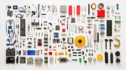 Fototapeta premium A Comprehensive Collection of Electronic Components and Hardware Arranged Neatly on a White Background for Engineering and Design Projects