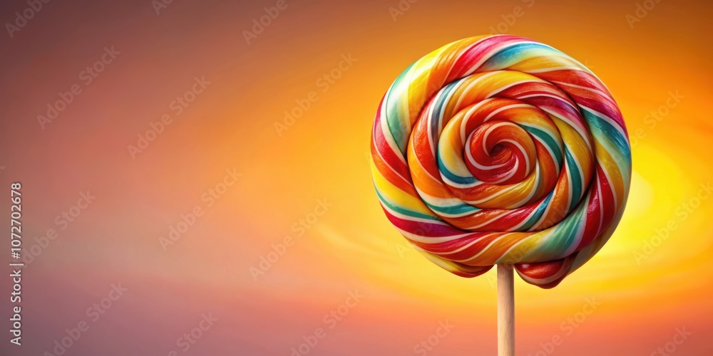 Poster a colorful spiral lollipop with a sunset backdrop. the lollipop is a symbol of sweetness and joy.
