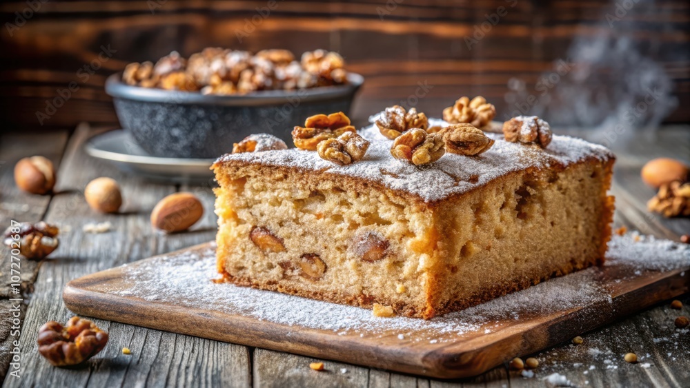 Poster a slice of walnut cake dusted with powdered sugar sits on a wooden cutting board, surrounded by scat