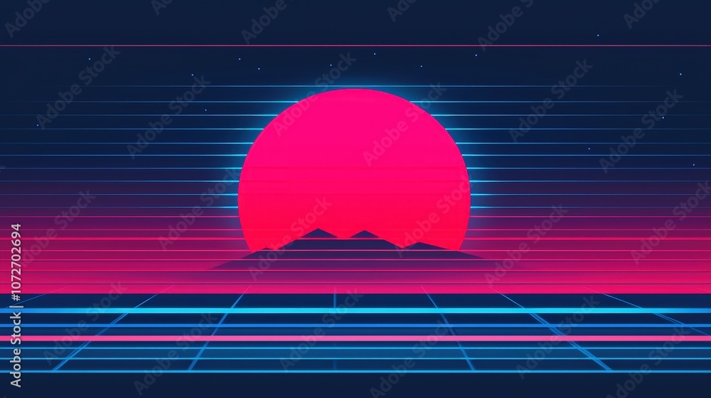 Poster retro sunset with mountains and grid pattern background