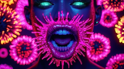 Neon Lips and Virus Shapes   Abstract 3D Art