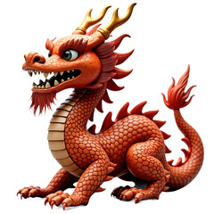 Cartoon dragon, red, gold color, isolated on alpha layer. Mythical creature, good luck in China. Chinese New Year, zodiac, horoscope, mascot, ancient animal, fantasy character, 3D illustration. Png.