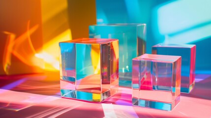 Colorful acrylic blocks casting vibrant light reflections
