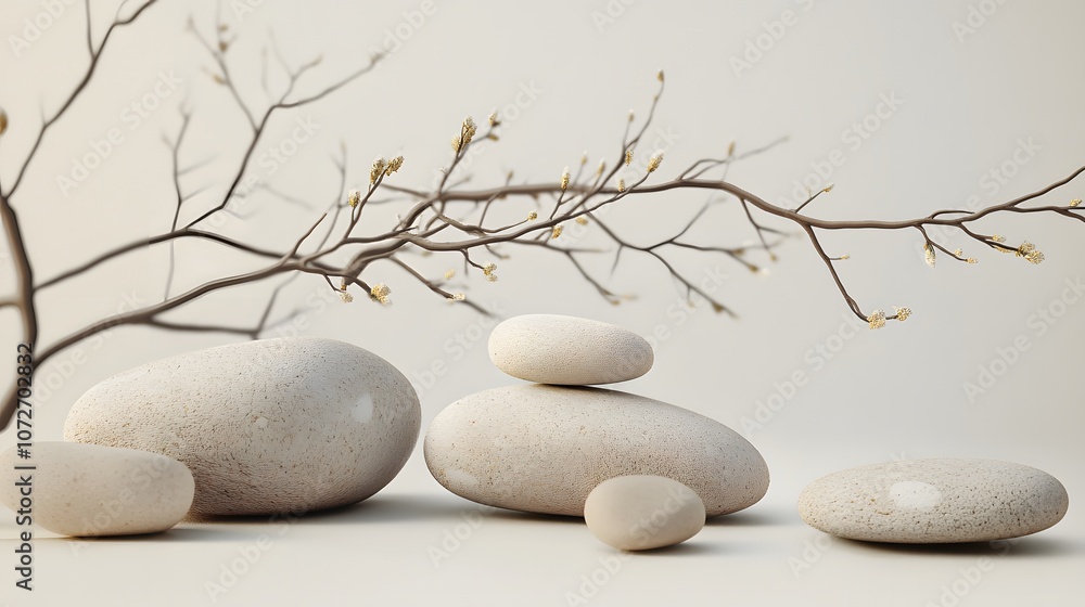 Poster create a mockup with a soft neutral background, showcasing smooth stones and delicate branches arran
